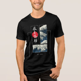 赤い太陽の和風大波パネルデザインTシャツ トライブレンドTシャツ