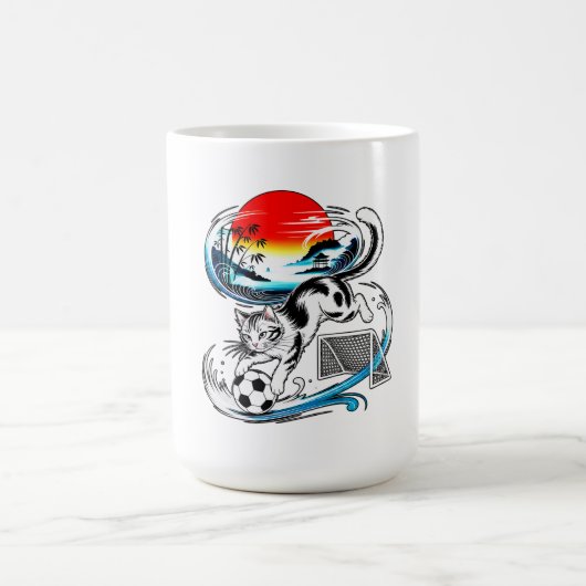 赤い太陽の波デザイン - 日本のサッカー猫 コーヒーマグカップ (中央)