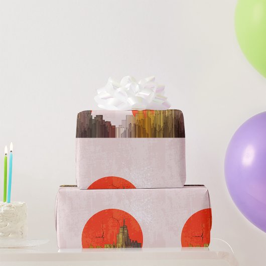 赤い太陽の街並みがある都市グランジスカイライン ラッピングペーパー