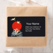 赤い太陽日本の、ク飛んでいるレーン、黒い波 ラベル (インサイチュ)