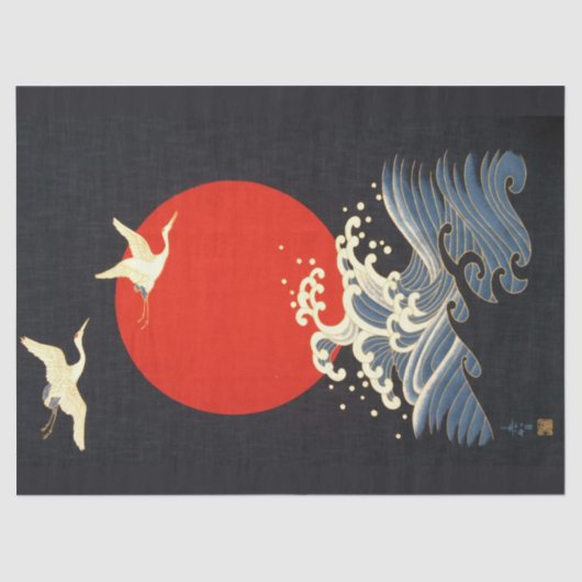 赤い太陽日本の、ク飛んでいるレーン、黒い波 薄葉紙 (正面)