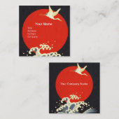 赤い太陽、ク飛んでいるレ日本のーン、海の波ブラックレッド スクエア名刺 (正面/裏面)