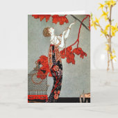 赤い夫人アールデコのデザイン カード (黄色い花)