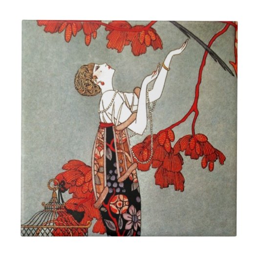 赤い夫人アールデコのデザイン タイル (正面)