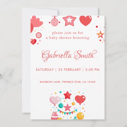 赤い女の子の星が赤ちゃんのシャワーを振りかける 招待状 (正面)