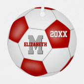 赤い女子校生の子サッカー メタルオーナメント (正面)
