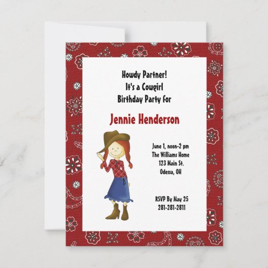 赤い女性のカーボーイの誕生日の招待状 招待状 (正面)