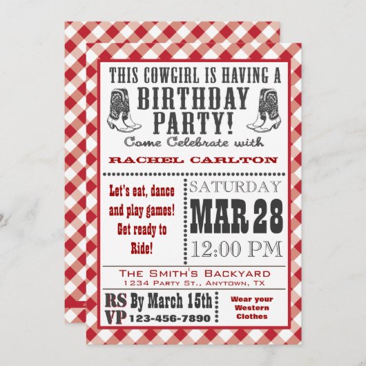 赤い女性のカーボーイの誕生日の招待状 招待状 (正面/裏面)