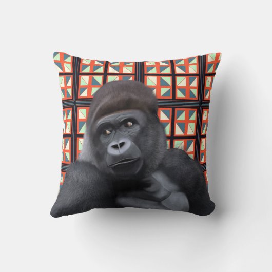 赤い威厳のある幾何学的な野生動物にゴリラを座る クッション (裏面)