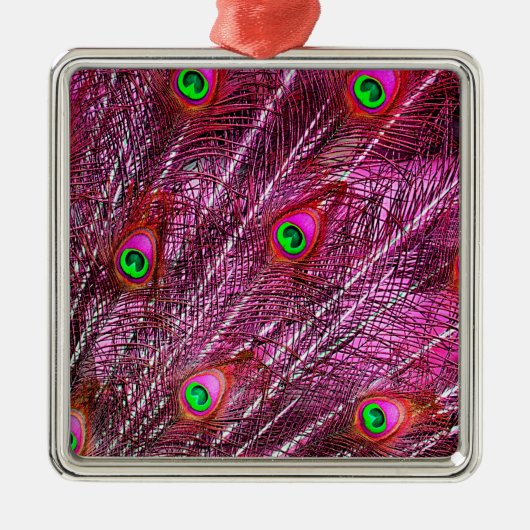 赤い孔雀の羽の色の羽毛 メタルオーナメント (正面)