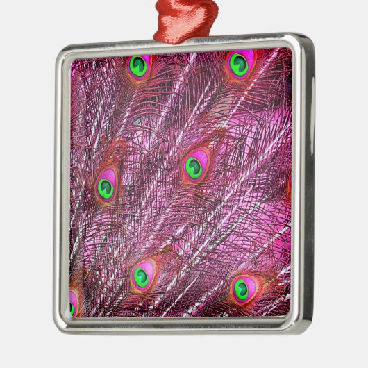 赤い孔雀の羽の色の羽毛 メタルオーナメント (左)
