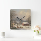 赤い学校の家(国場面) 1858年 スクエア壁時計 (ホーム)