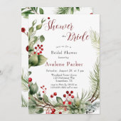 赤い実と松の葉のリースで花嫁を祝福　水彩画 招待状 (正面/裏面)