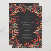 赤い実と葉のカスタム・サンクスギビング・ディナー 招待状 (正面/裏面)