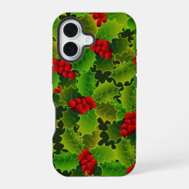 赤い実のグリーンホリーのスマホケース iPhone 16ケース