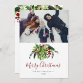 赤い実のグリーンリースのクリスマス写真 シーズンカード (正面/裏面)