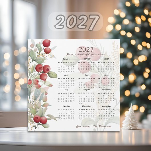 赤い実のグリーンリース エレガント2027カレンダーカード