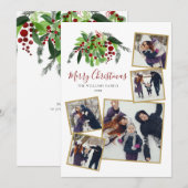 赤い実のグリーンリース 5 枚の写真で作るクリスマスカード シーズンカード (正面/裏面)