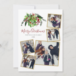 赤い実のグリーンリース 5 枚の写真で作るクリスマスカード シーズンカード