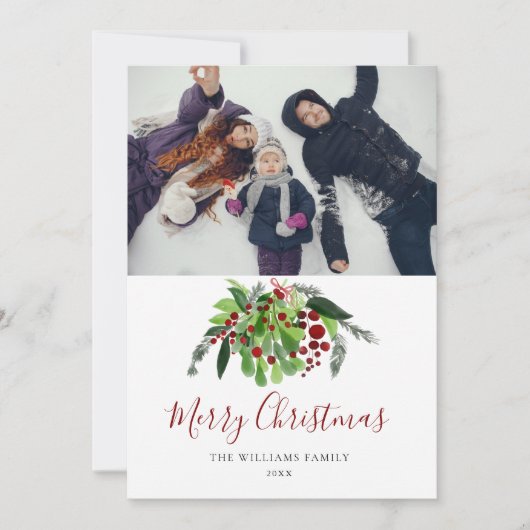 赤い実のグリーン Christmas フォト シーズンカード (正面)