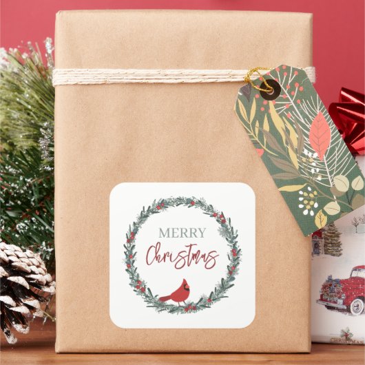 赤い実のリースと赤いカーディナルのクリスマス スクエアシール (クリスマス)