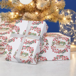 赤い実のリース merry & bright ラッピングペーパー