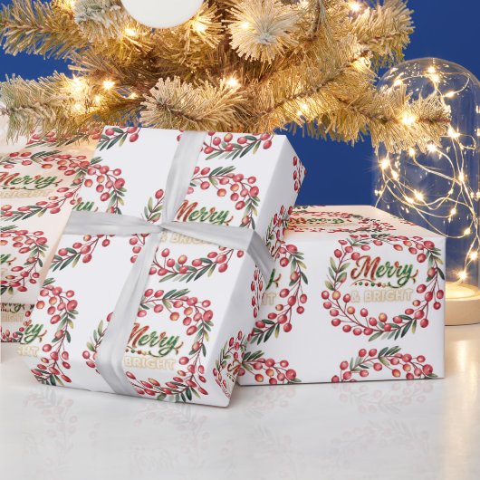 赤い実のリース merry & bright ラッピングペーパー (クリスマス)