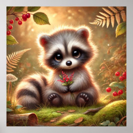 赤い実の付いたかわいいアライグマの赤ちゃん – 森の前 ポスター