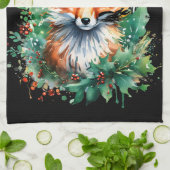 赤い実の付いたホーリーとキツネ キッチンタオル (折り畳み)