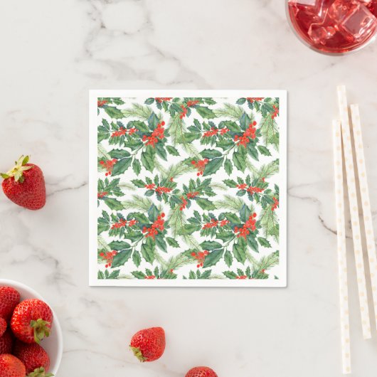 赤い実の緑のヒイラギの花クリスマス休日 スタンダードカクテルナプキン (インサイチュ)