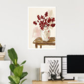 赤い実の静物画プリント 花瓶の絵画的な枝 ポスター (ホームオフィス)