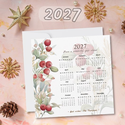 赤い実 グリーン 優雅な2027カレンダー シーズンカード