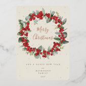 赤い実+ユーカリのクリスマスリース　写真なし 箔シーズンカード (正面)