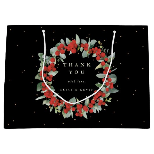 赤い実+ユーカリのクリスマス/ホリデーお礼メッセージ ラージペーパーバッグ (正面)