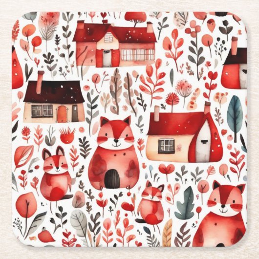 赤い家とかわいい紙シート スクエアペーパーコースター (正面)