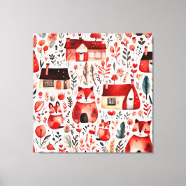 赤い家と家かわいい紙シート キャンバスプリント