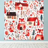 赤い家と家かわいい紙シート キャンバスプリント (インサイチュ (ウッドフロア))