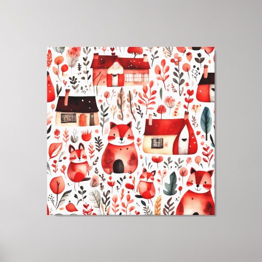 赤い家と家かわいい紙シート キャンバスプリント (正面)