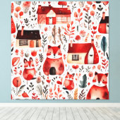 赤い家と家かわいい紙シート キャンバスプリント (インサイチュ (ウッドフロア))