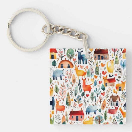 赤い家と家かわいい紙シート キーホルダー (正面)