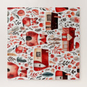 赤い家と家かわいい紙シート ジグソーパズル (横)