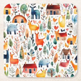 赤い家と家かわいい紙シート スクエアペーパーコースター