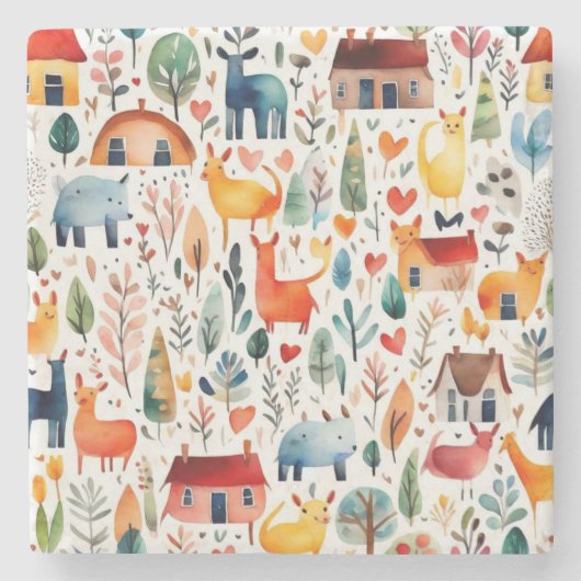 赤い家と家かわいい紙シート ストーンコースター (正面)