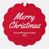赤い家族の写真メリークリスマス オーナメントカード (裏面)