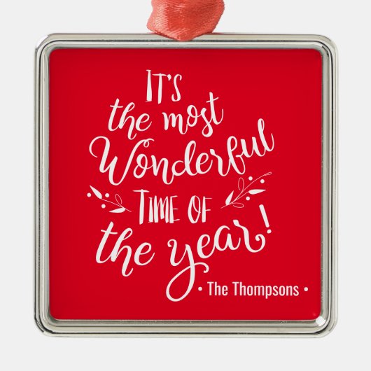 赤い家族の名前クリスマスの素晴らしい時間 メタルオーナメント (正面)