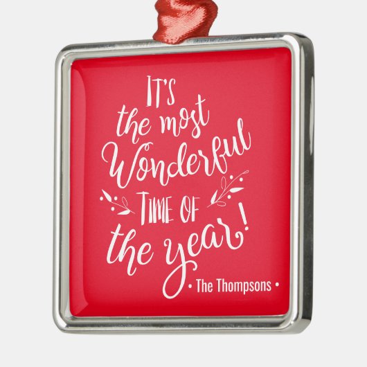 赤い家族の名前クリスマスの素晴らしい時間 メタルオーナメント (左)