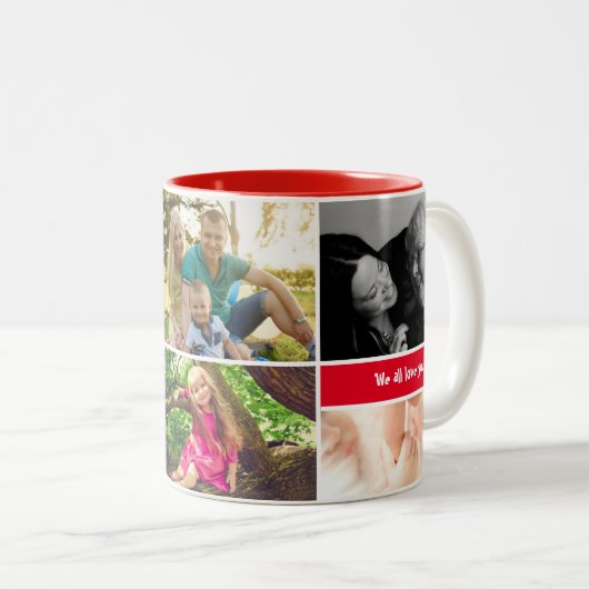 赤い家族写真のコラージュのパーソナライズなカスタム ツートーンマグカップ (正面右)