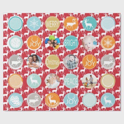 赤い家族写真トナカイのクリスマス明メリーるい ラッピングペーパー (フラット)