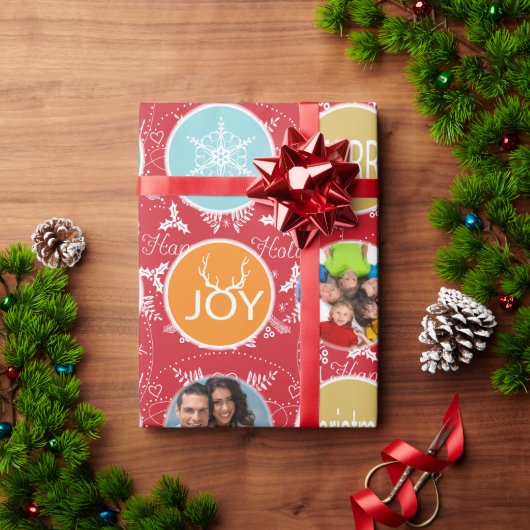 赤い家族写真トナカイのクリスマス明メリーるい ラッピングペーパー (クリスマスギフト)