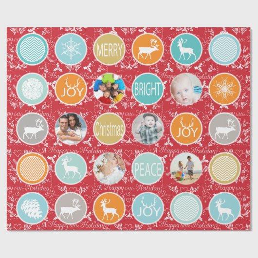 赤い家族写真トナカイのクリスマス明メリーるい ラッピングペーパー (フラット)